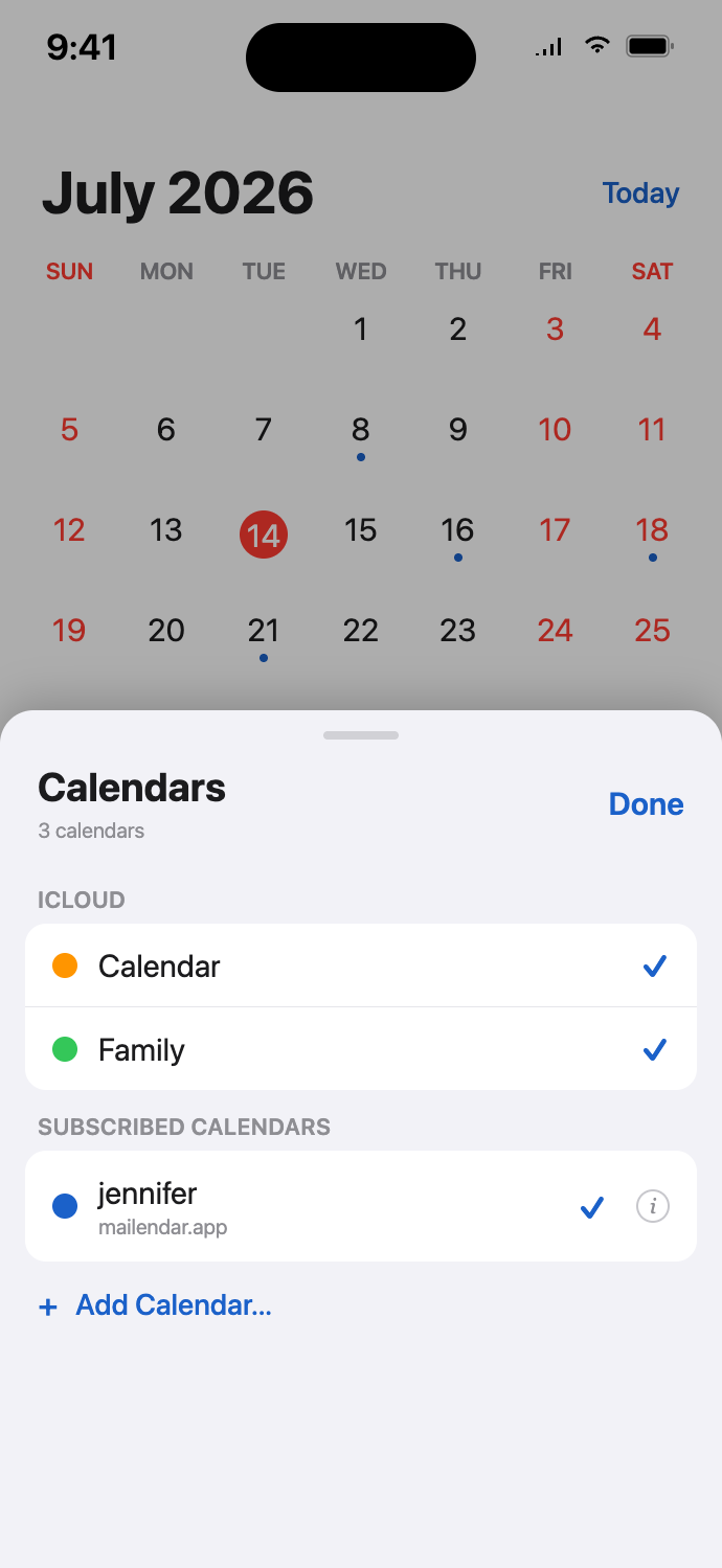 The same calendar, subscribed and showing its events in Apple Calendar