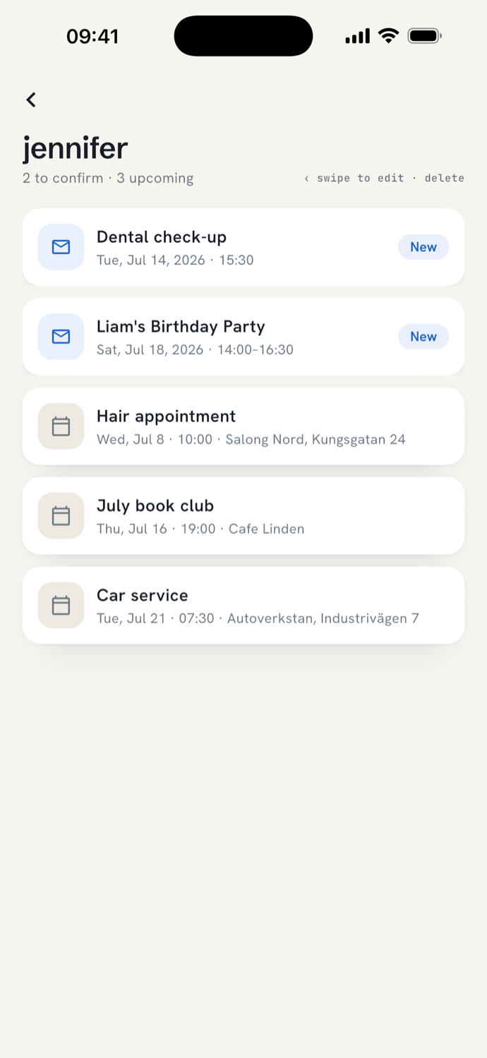 A calendar's event list in the Mailendar iPhone app